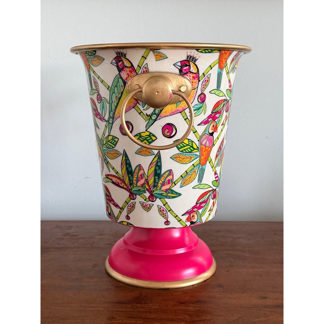 Colorful cachepot with tropical parrots perched on bamboo branches. Add a splash of color to your decor! Can easily be...