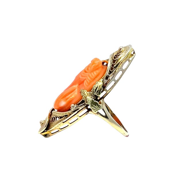 Modern Vintage 10k Yellow Gold Coral Cameo Ring, Size 3.25 For Sale - Image 3 of 4