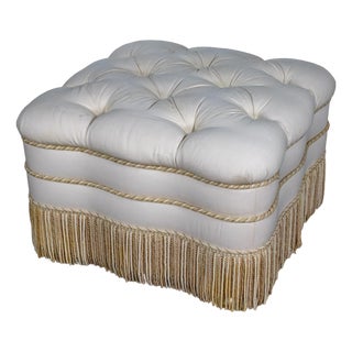 Late 20th Century Traditional Large Ottoman Ecru Upholstered Pillow Top With Bullion Fringe For Sale