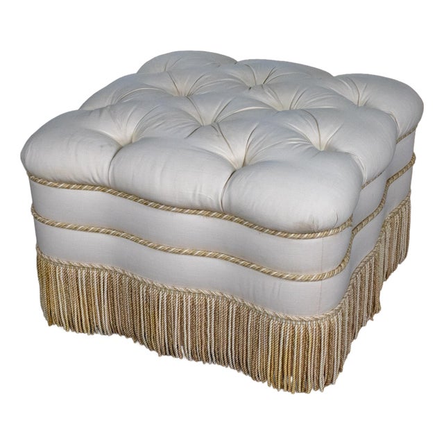 Late 20th Century Traditional Large Ottoman Ecru Upholstered Pillow Top With Bullion Fringe For Sale