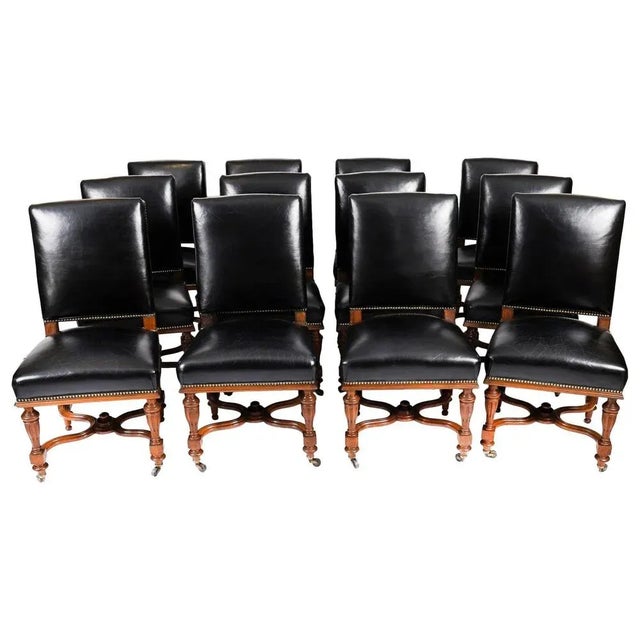 Antique French Walnut and Black Leather Dining Chairs, 19th Century, Set 12 For Sale - Image 13 of 13