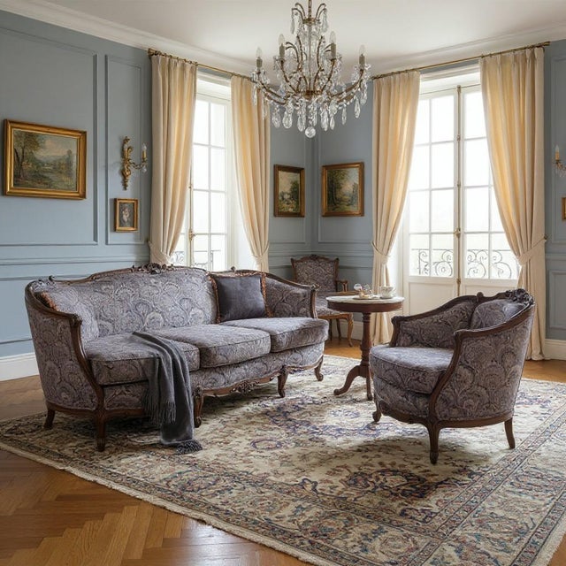 A beautiful 1920s French‑style sofa and matching chair, featuring an ornate carved wood frame and richly patterned...