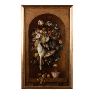 Original Oil on Canvas Still Life Painting of Foul, Flowers, and Fruit From Portugal For Sale