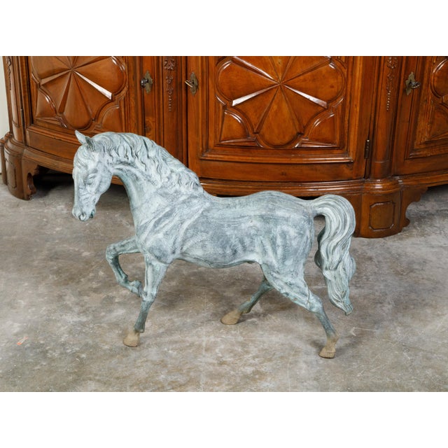 Mid 20th Century French Midcentury Bronze Horse Statue with Raised Hoof and Patina For Sale - Image 5 of 12