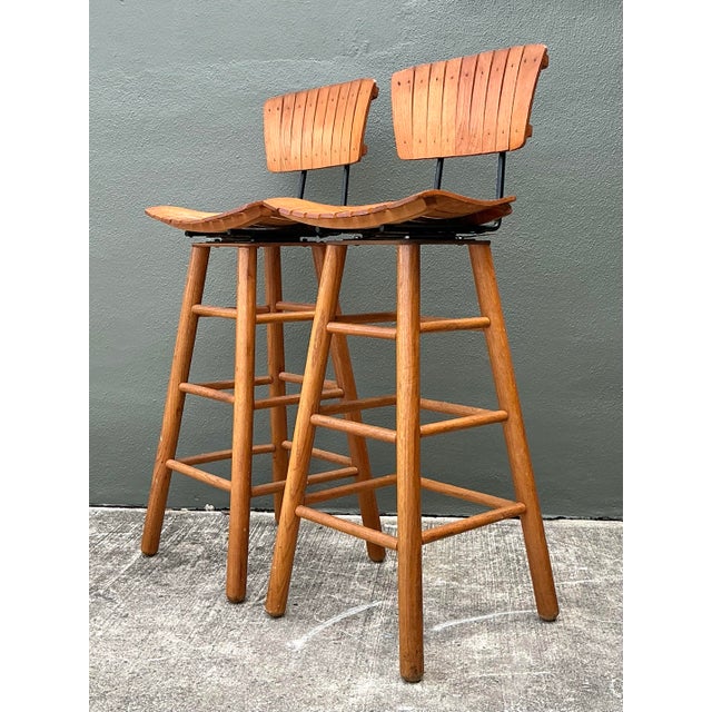 Vintage MCM Slat Swivel Bar Stools After Arthur Umanoff For Sale - Image 12 of 12