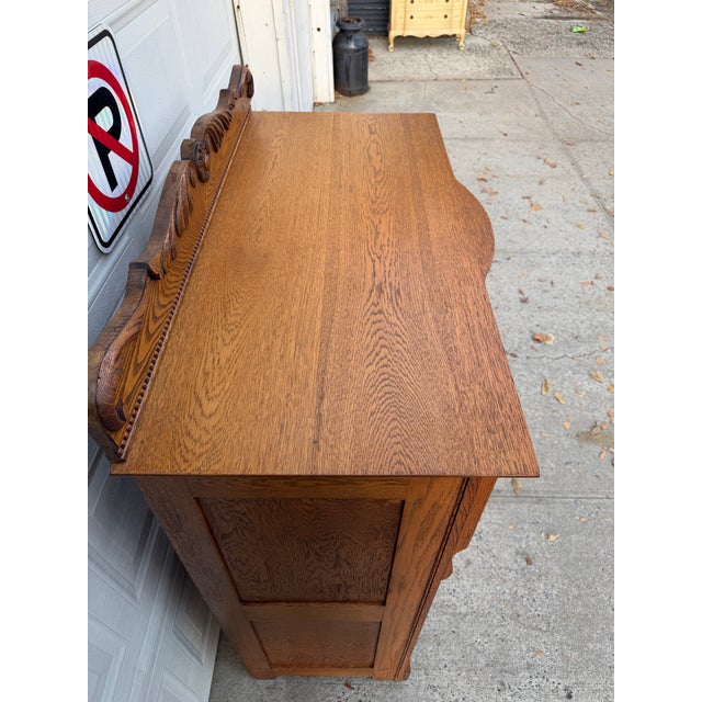 Wood Antique Victorian Oak Serpentine Front Five-Drawer Highboy Dresser With Ornate Carved Crest For Sale - Image 7 of 12