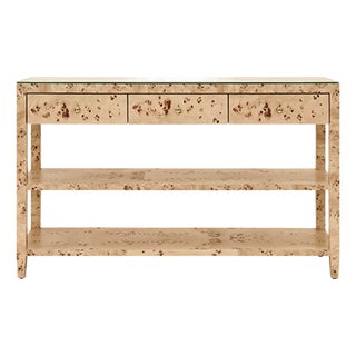 Matthew Izzo Home Briar Burlwood Three Drawer Console With Two Open Shelves For Sale