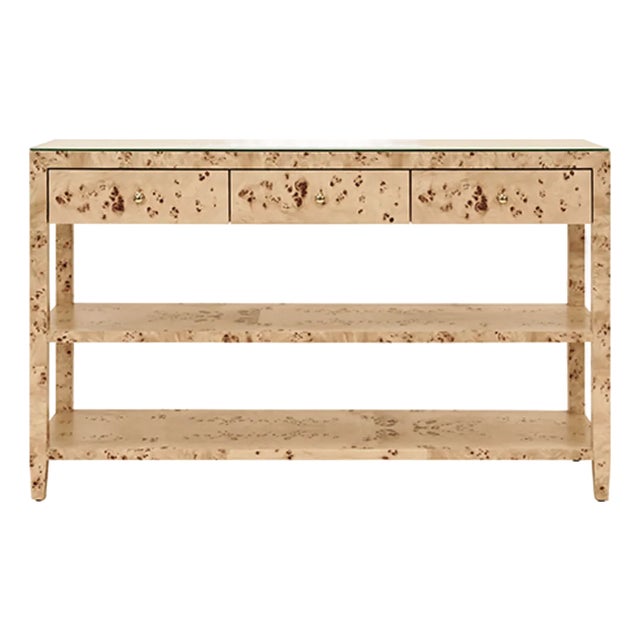 Matthew Izzo Home Briar Burlwood Three Drawer Console With Two Open Shelves For Sale