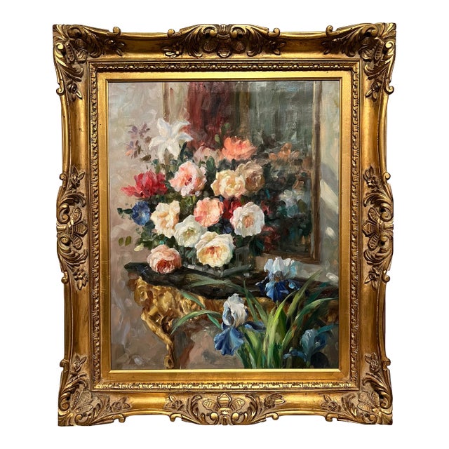 Large Impressionist Original Painting on Canvas Still Life Flowers 33x39 Signed Robis Ornate Victorian Style Frame For Sale