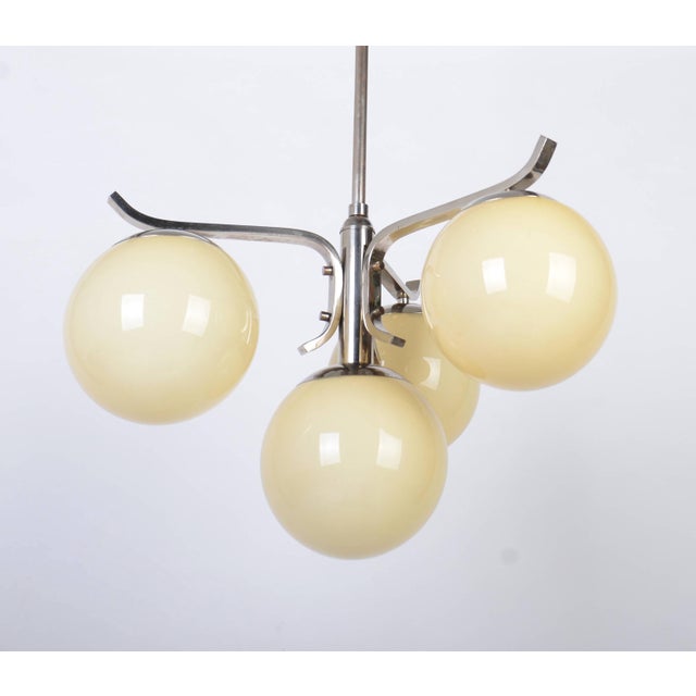 Cream Art Deco Bauhaus Nickel Plated Chandelier with Opaline Glass, 1930s For Sale - Image 8 of 9