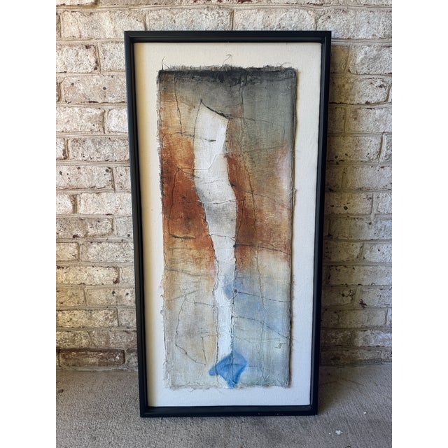 One of a kind blue, burnt orange, gray, black and white abstract paint on gauze by Belgian artist Diane Petry, framed in a...