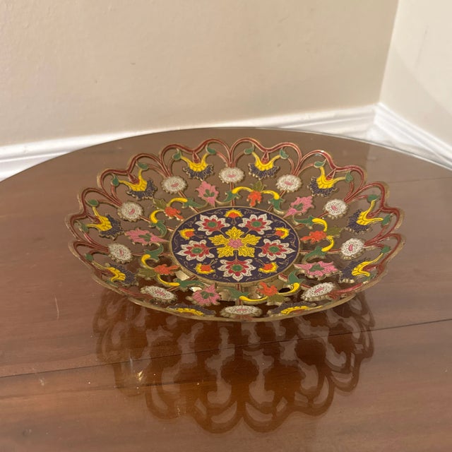 Beautiful and unusual painted brass bowl, good look and size! Great colors