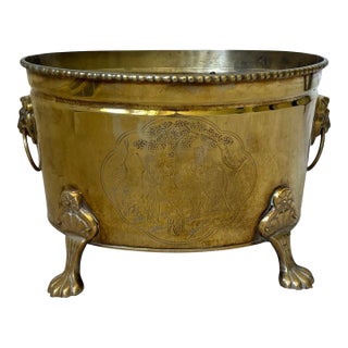 Vintage Asian Motif Lion Head Oval Brass Cachepot Planter For Sale