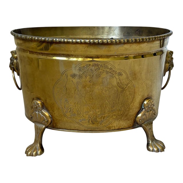 Vintage Asian Motif Lion Head Oval Brass Cachepot Planter For Sale