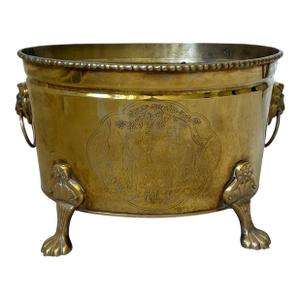 Vintage Asian Motif Lion Head Oval Brass Cachepot Planter