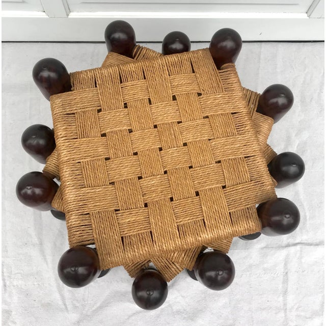 1970s Vintage Woven Jute and Mahogany Stools - Set of 3 For Sale - Image 5 of 12