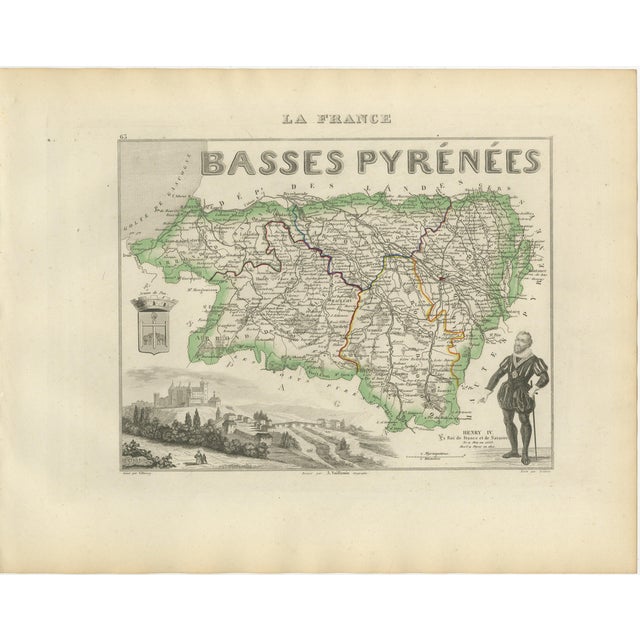 Antique Map of Basses-Pyrénées by Vuillemin, France, 1850 For Sale