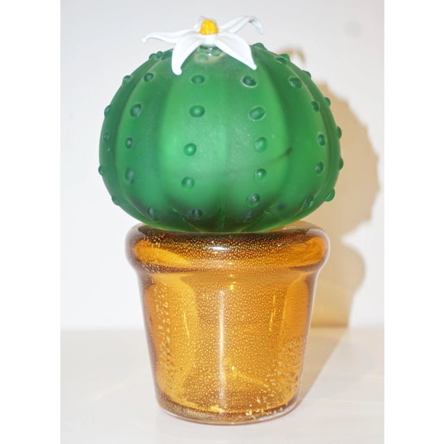 Formia 1990s Vintage Italian Green Murano Glass Cactus Plant With White Flower For Sale - Image 11 of 11