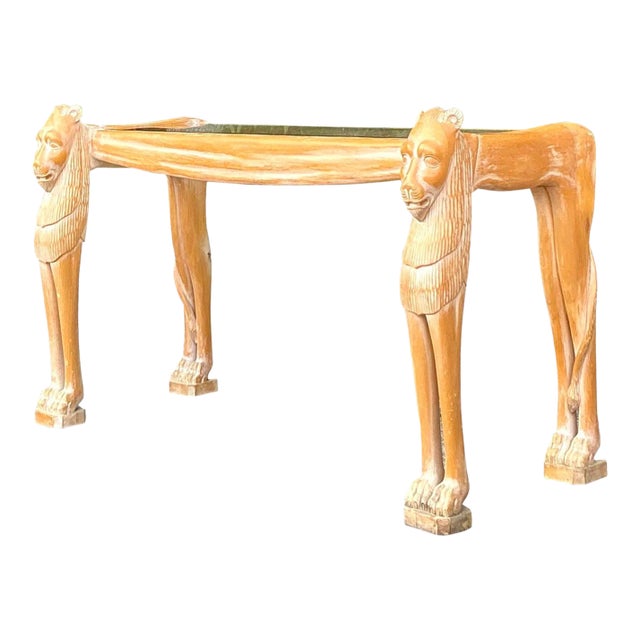 Vintage Boho Egyptian Revival Carved Lions Head Console Table For Sale