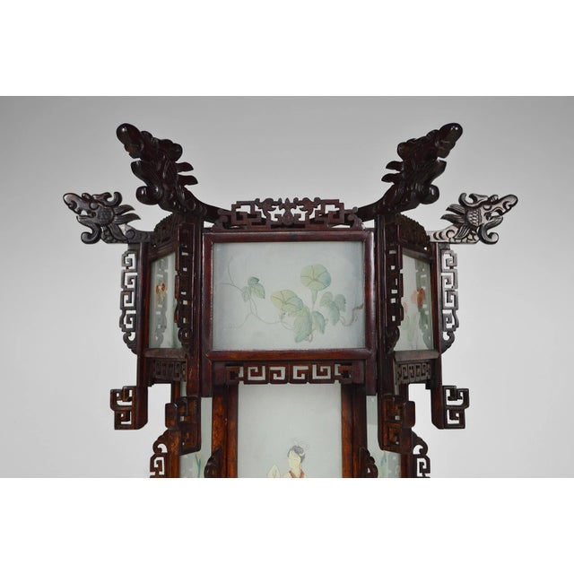 Large Antique Asian Carved Wood Lantern with Dragons & Painted Glass Panels, 1900s For Sale - Image 12 of 18