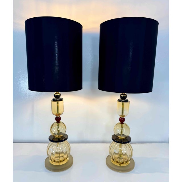 Italian Amber, Burgundy and Black Murano Glass Table Lamps, 2000s, Set of 2 For Sale - Image 3 of 14