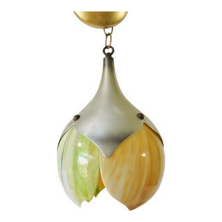 Vintage Mid Century Green Slag Glass Tulip Flower Aluminum Pendant Chandelier Ceiling Swag Lamp For Sale