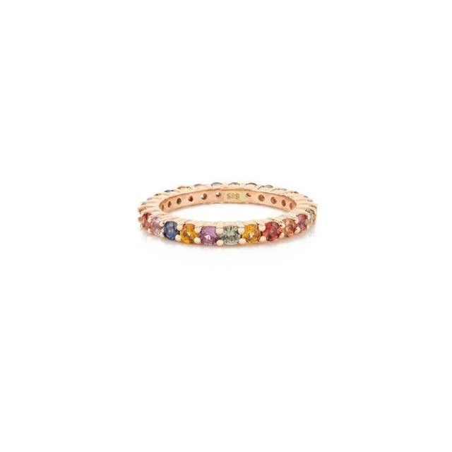 Metal Pop Art Style Rainbow Sapphire Eternity 14k Rose Gold Ring Size 7 For Sale - Image 7 of 12