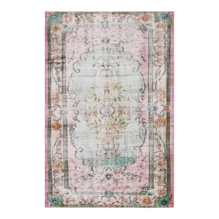 1970s Vintage Turkish Handmade Wool Cotton Pink Area Rug For Sale