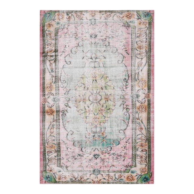 1970s Vintage Turkish Handmade Wool Cotton Pink Area Rug For Sale
