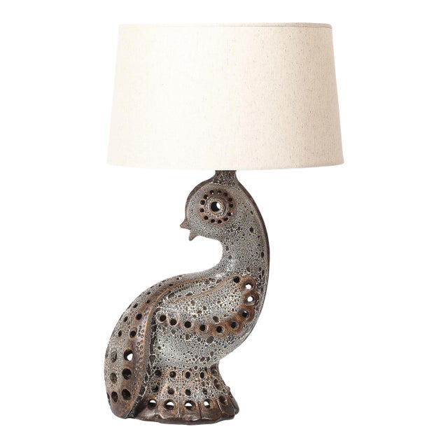 Mid-Century Peacock Table Lamp in Ceramic With Textural Gradient Umber Glaze For Sale