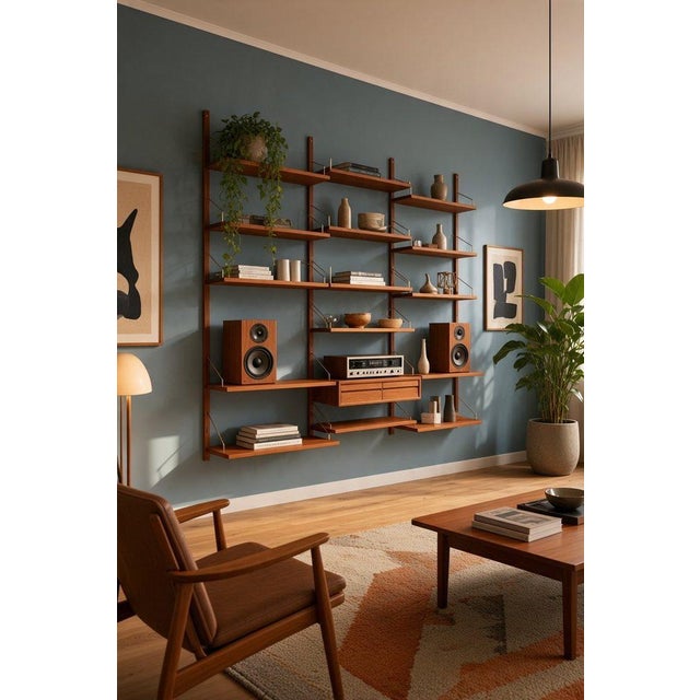 Brown Large Wall-Mounted Shelving System in Teak by Poul Cadovius for Cado, 1960s For Sale - Image 8 of 18