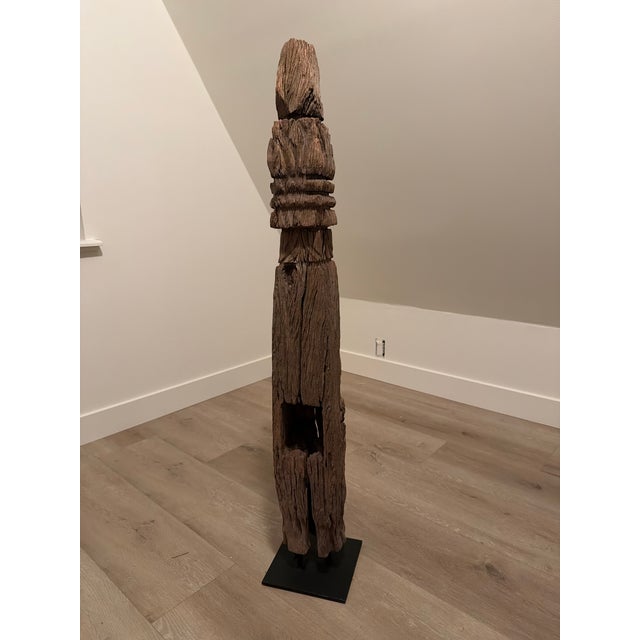 Tribal Antique Thai Teak Stupas Mounted on Metal Gallery Stands - Set of 3 For Sale - Image 3 of 7