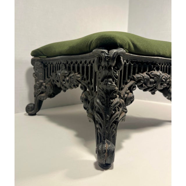 Antique Cast Iron Foot Stool New Green Velvet Cushion Victorian Restored For Sale - Image 4 of 8