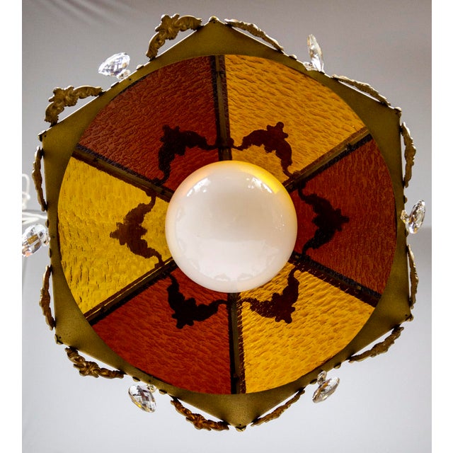 Amber Mid 20th Century Paneled Amber Glass Pendant Light With Crystal Accents For Sale - Image 8 of 13