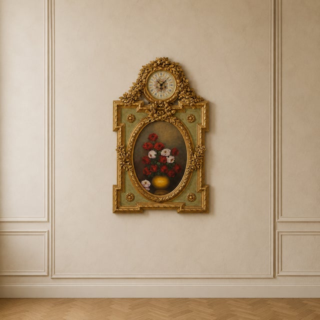 French French-Style Floral Wall Clock With Gold Leaf Frame – Rose Still Life For Sale - Image 3 of 4