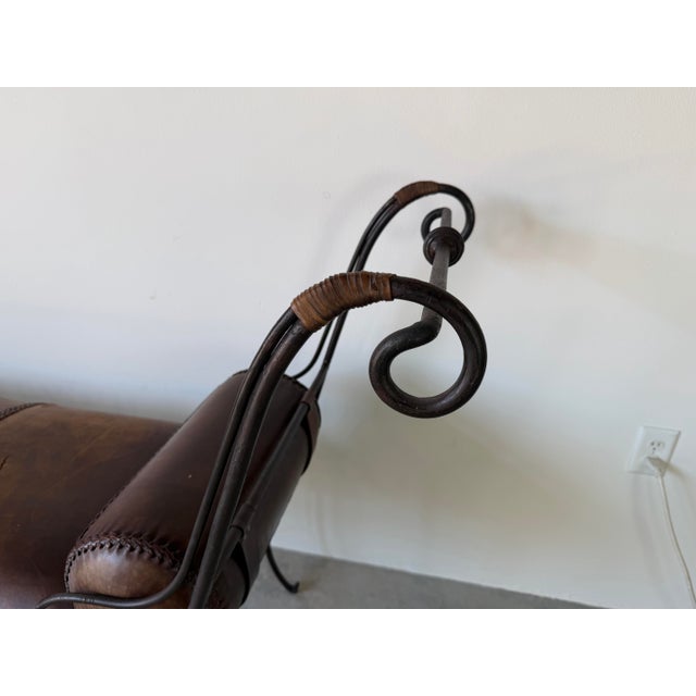 Brown Vintage Rustic Wrought Iron & Leather Scroll Bench For Sale - Image 8 of 12