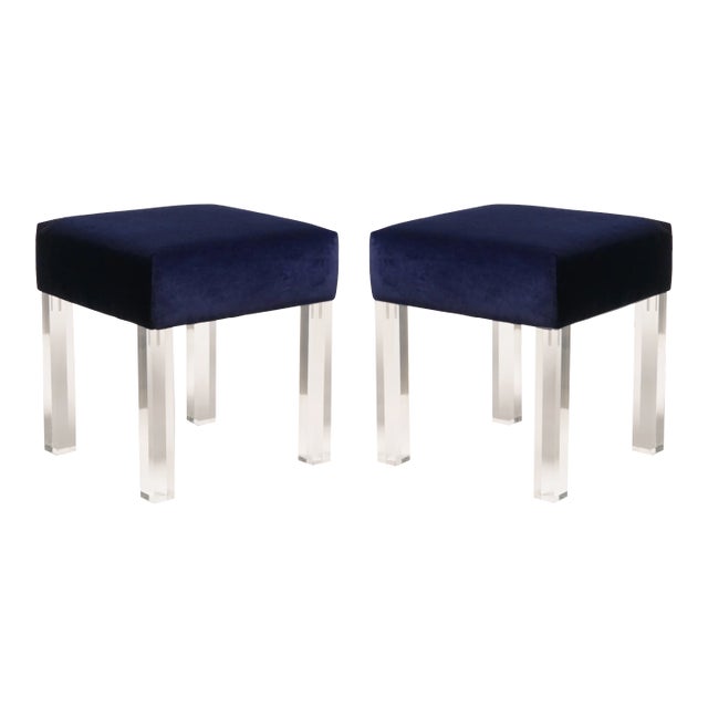 Navy Velvet Low Stools With Lucite Legs, Pair For Sale
