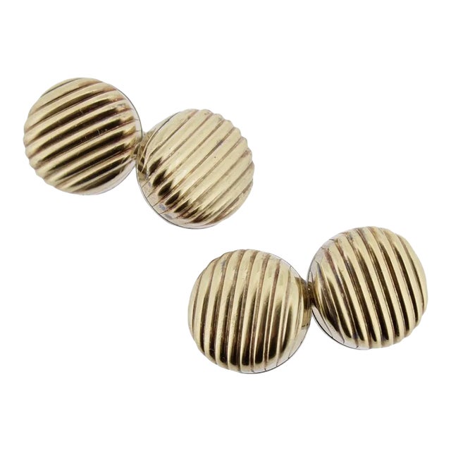 Vintage Paul Stuart Italian Gilt Sterling Silver Ribbed Button-Form Cufflinks - 2 Pieces For Sale