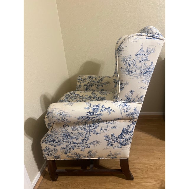 1980s Traditional Blue & White Toile Wingback Accent Chair For Sale - Image 10 of 12