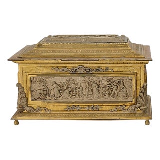 Antique Spanish Gilt Bronze Decorative Casket Box / Silvered & Lined Interior For Sale