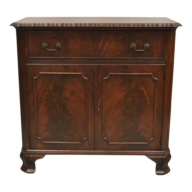 Vintage Chippendale Style Carved Mahogany Server Buffet With Bar Interior For Sale