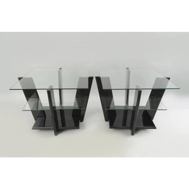 Contemporary Modern Black Lacquer & Glass 3 Tier Space Age End Tables - a Pair. Item features unique black lacquered...