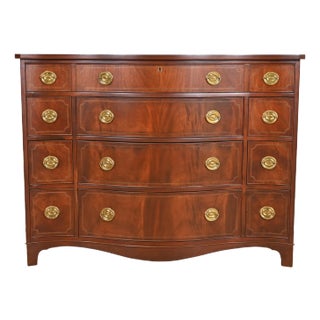 Baker Furniture Historic Charleston Georgian Inlaid Flame Mahogany Serpentine Front Dresser Chest, Newly Refinished For Sale