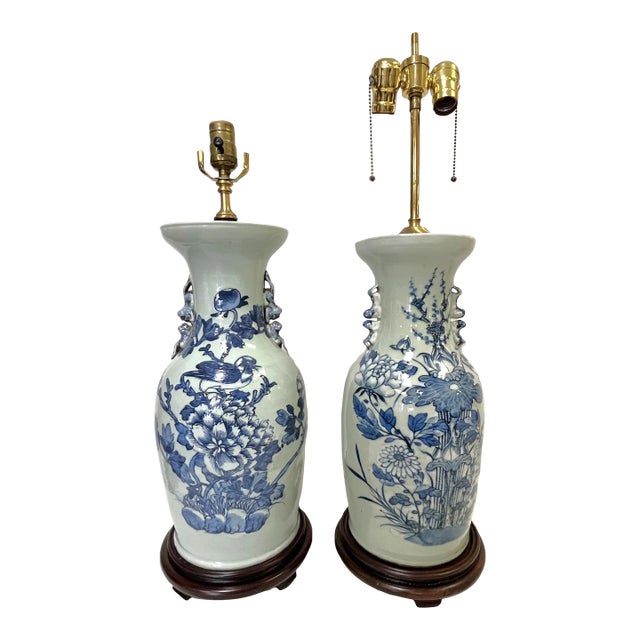 Vintage Hand Painted Celadon Vases Converted to Lamps- a Pair For Sale