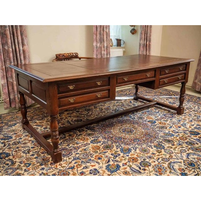 Large Antique Writing Desk in Oak and Leather For Sale - Image 3 of 7