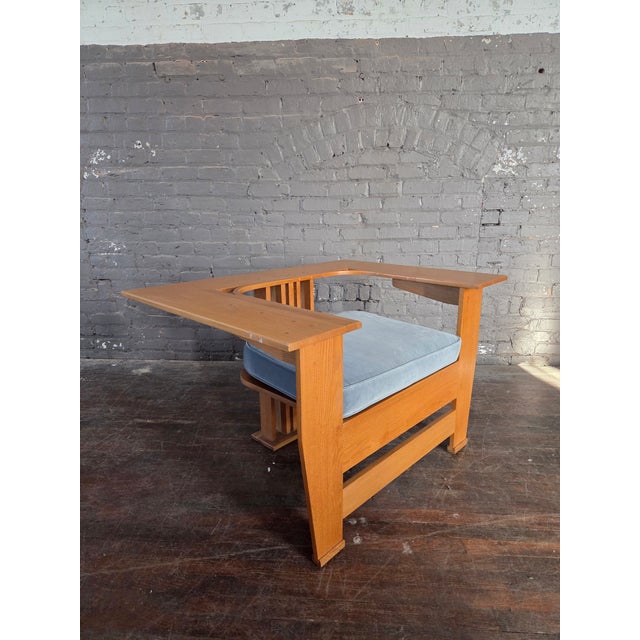 Blue Sculptural Frank Lloyd Wright Style Oak Chair For Sale - Image 8 of 14