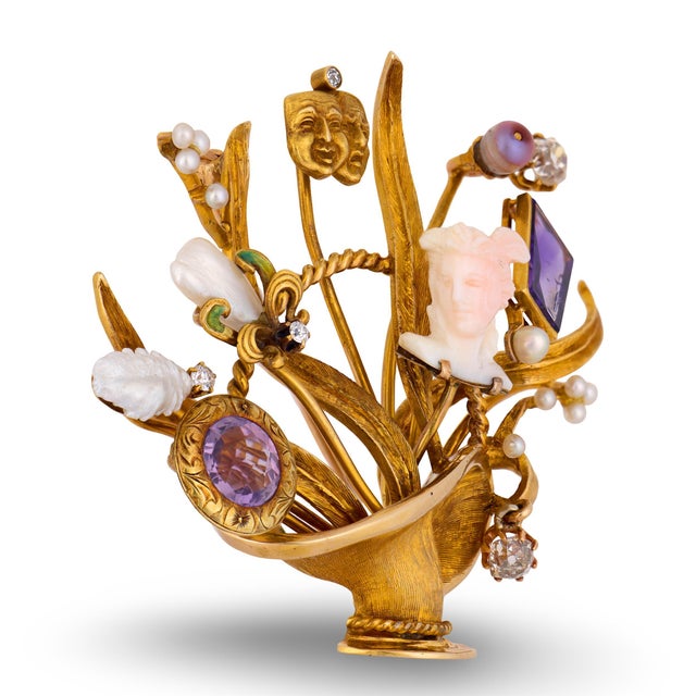 Contemporary Vintage Diamond Coral Amethyst Pearl 14k Yellow Gold Basket Opera Brooch For Sale - Image 3 of 6