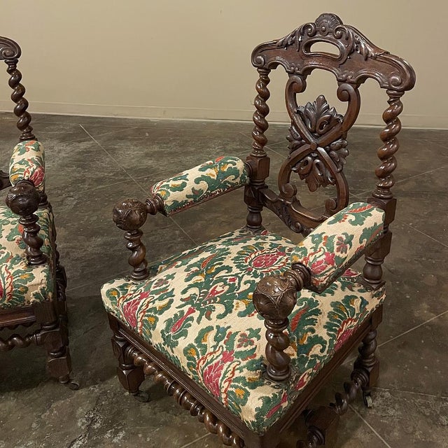 Coffee Pair 19th Century Renaissance Revival / Louis XIII Style Barley Twist Armchairs in Solid Oak For Sale - Image 8 of 17