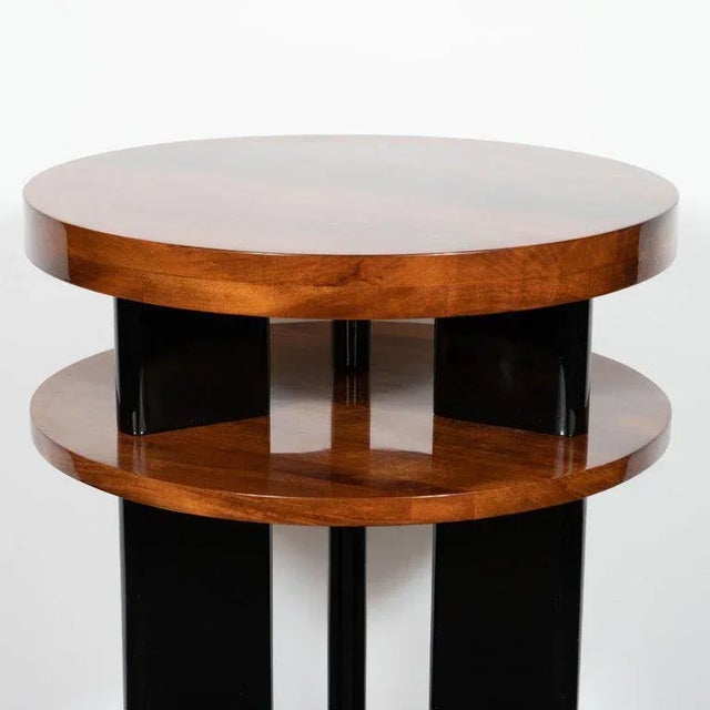 Art Deco Art Deco Machine Age Three-Tier Bookmatched Walnut and Black Lacquer Side Table For Sale - Image 3 of 9