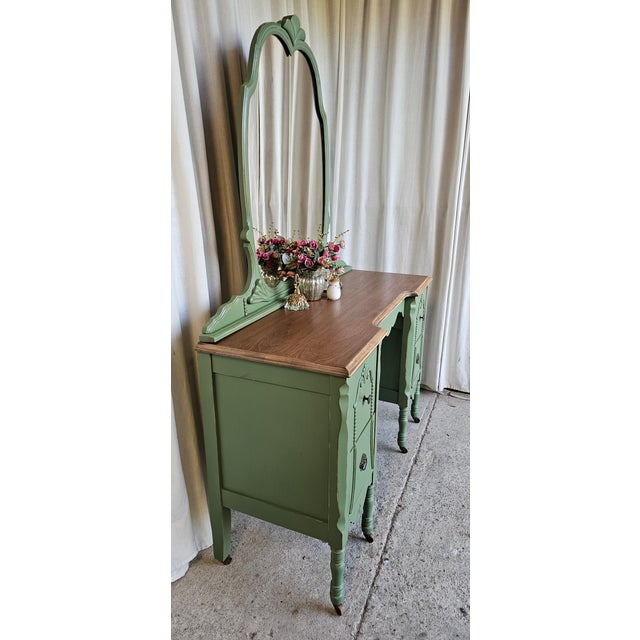 Boho Chic Vanity With Mirror, Vintage Piece, Circa 1930's, Green Boho Style For Sale - Image 3 of 14